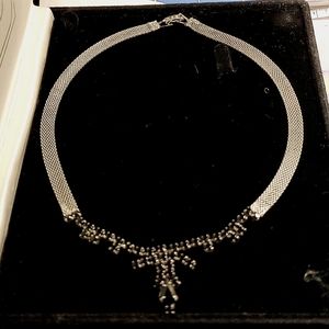 Vintage necklace. Black crystal and silver mesh. Drop earrings black and white